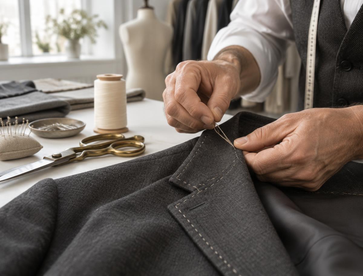Bodyline tailor hand finishing a jacket