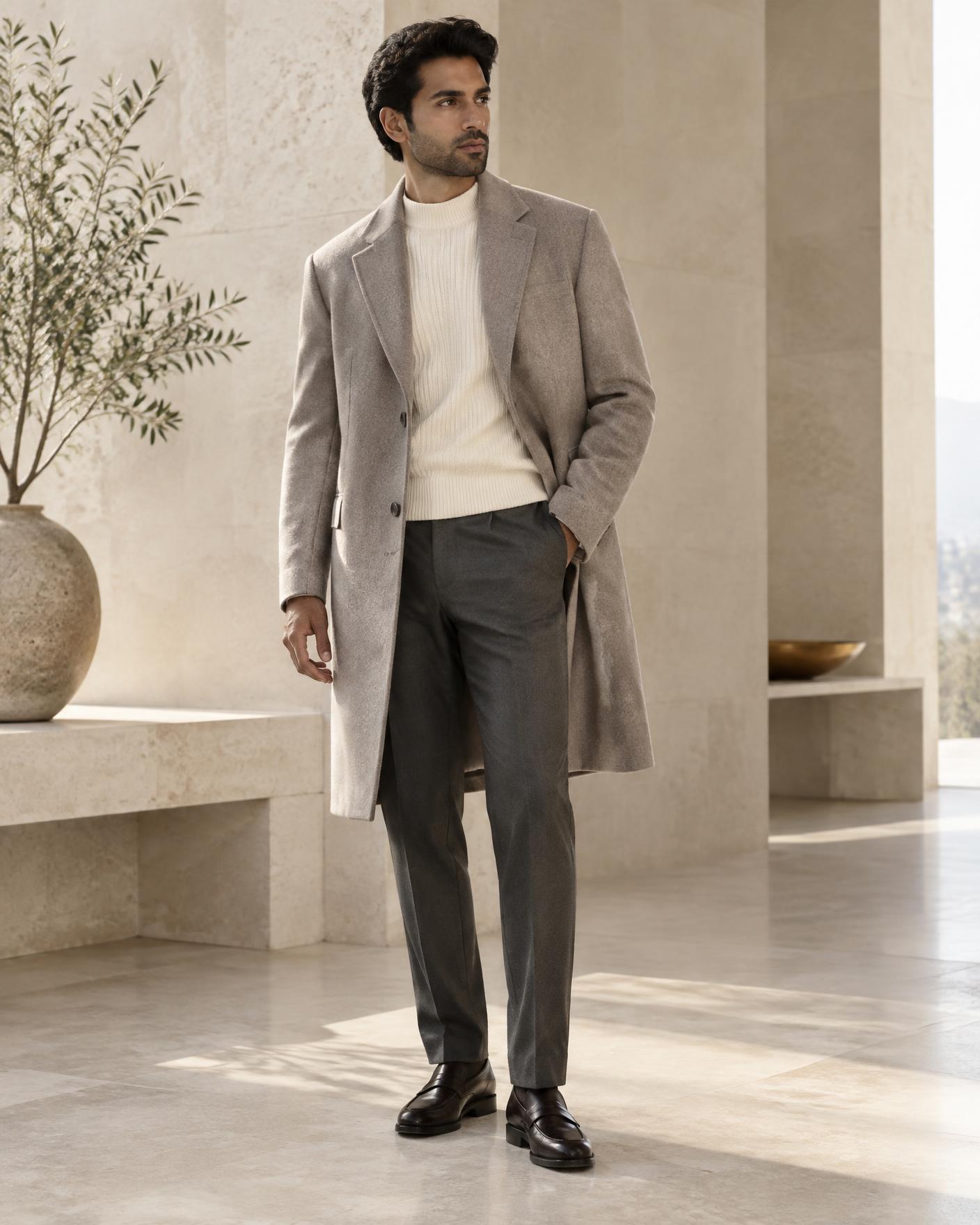 Bodyline model wearing a tailored taupe overcoat